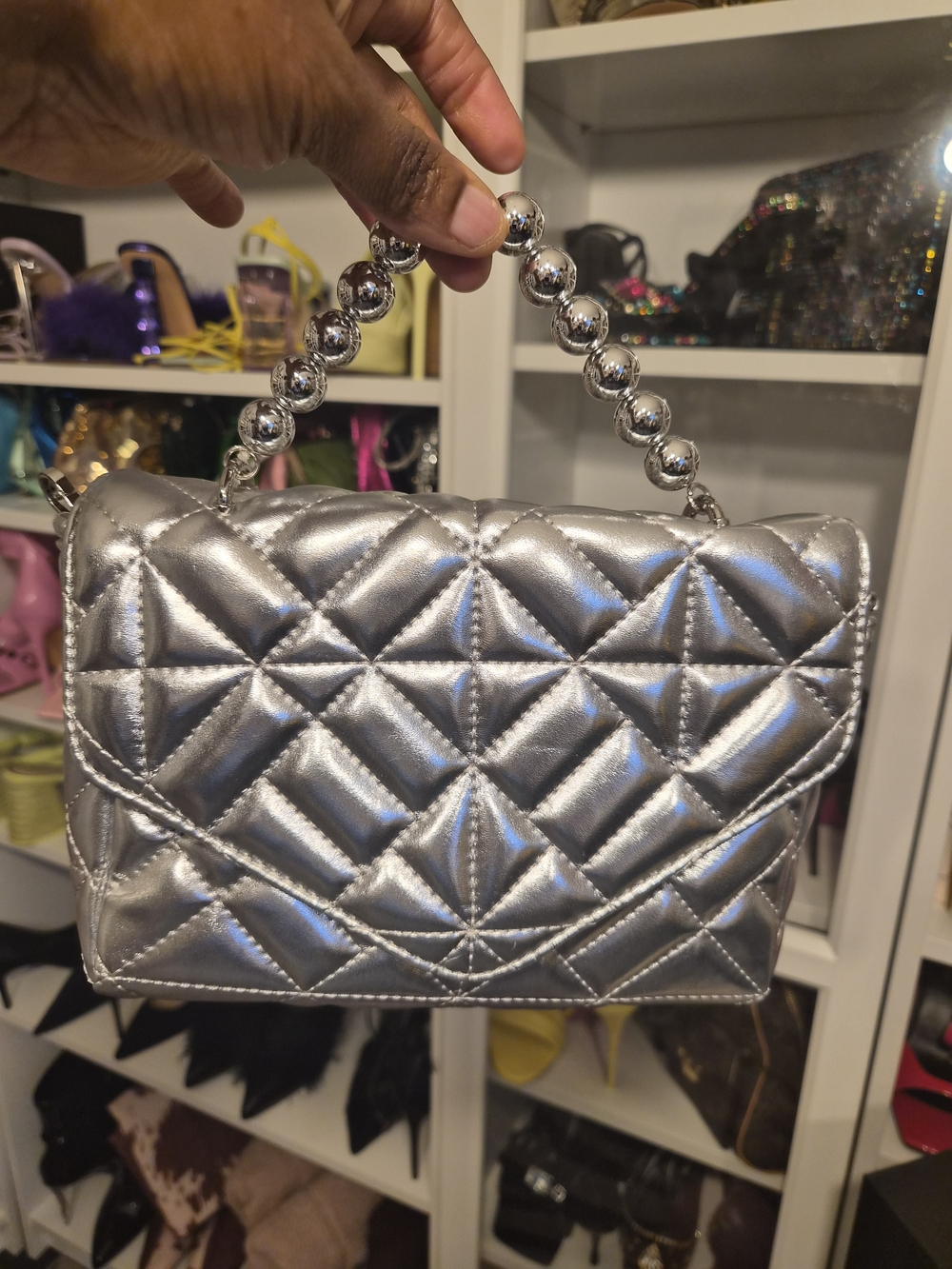 Fashion Nova Quilted Metallic Silver Shoulder Bag with Beaded Top Handle